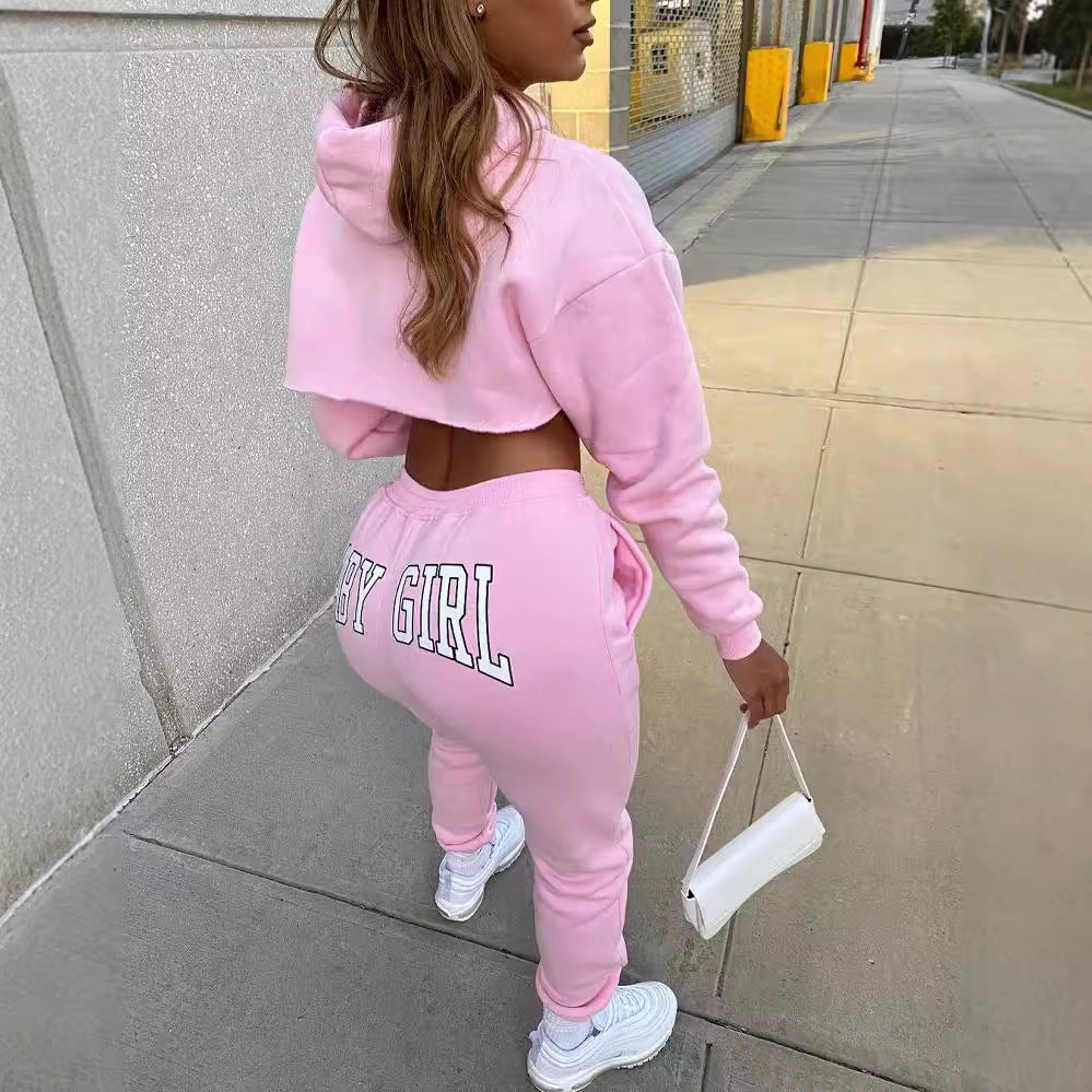 Women Solid Sports Letter Hoodies and Sweatpants Two Piece Set 3