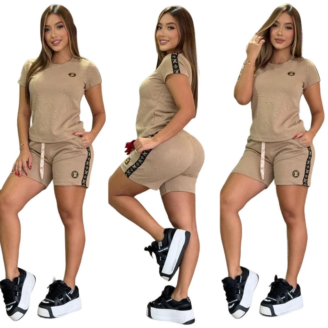 Women Jacquard Short Sleeve Top and Shorts Sports Two Piece Set 9