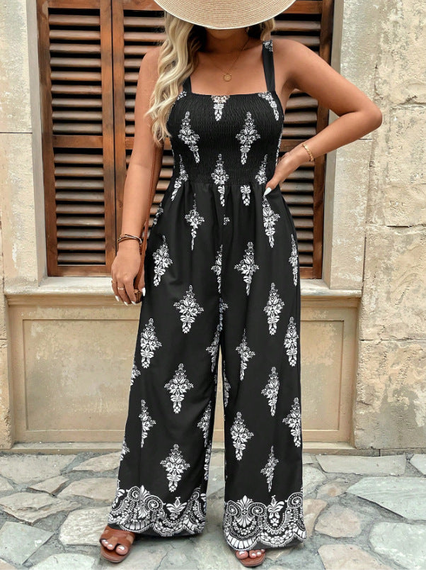 Women summer elegant bohemian sleeveless print jumpsuit