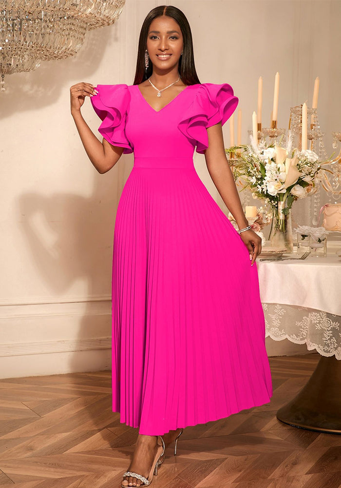 Women elegant Formal Party ruffle short sleeve V-neck pleated Dress