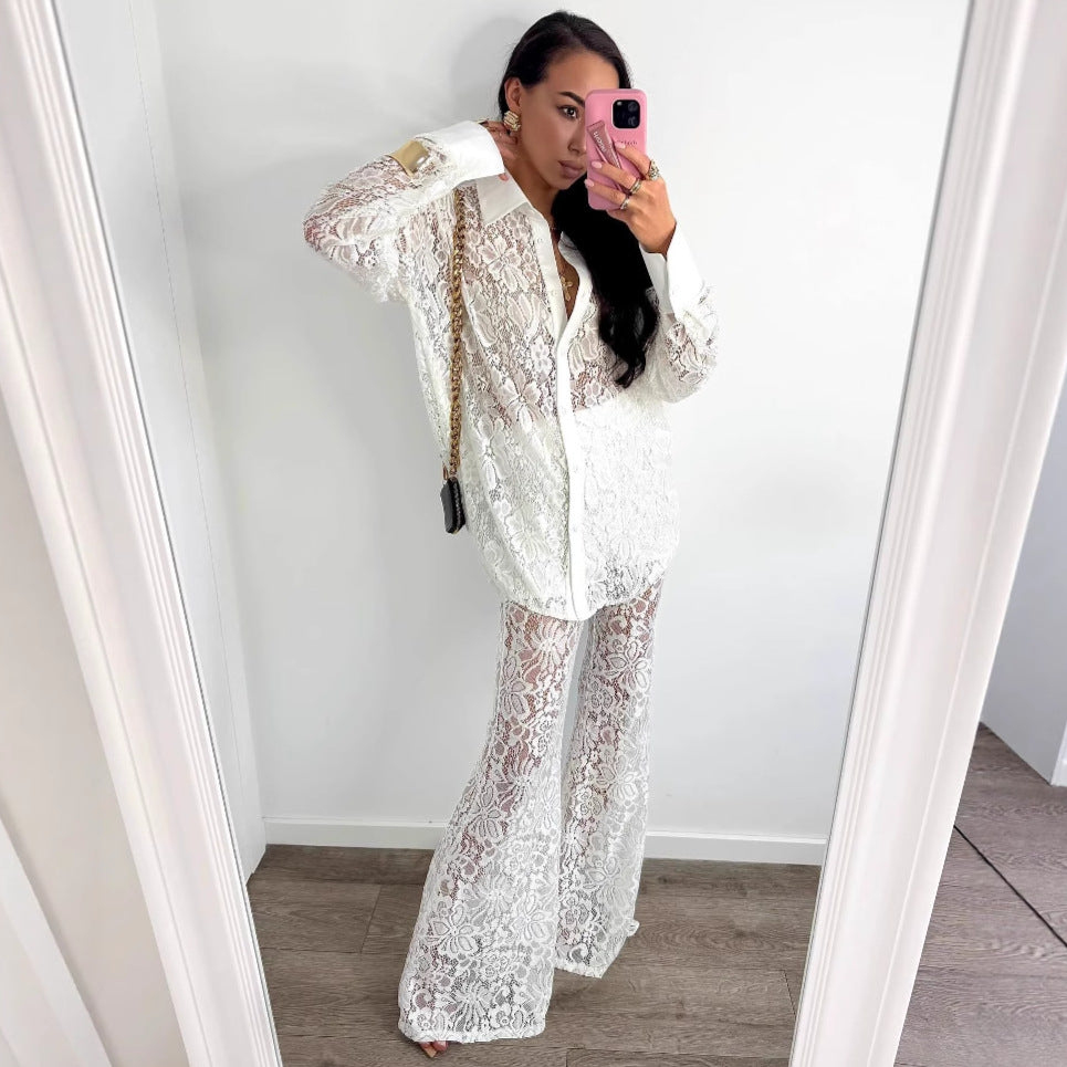Women Hollow White Cardigan Lace Shirt and Wide-leg Pants Two-piece Set