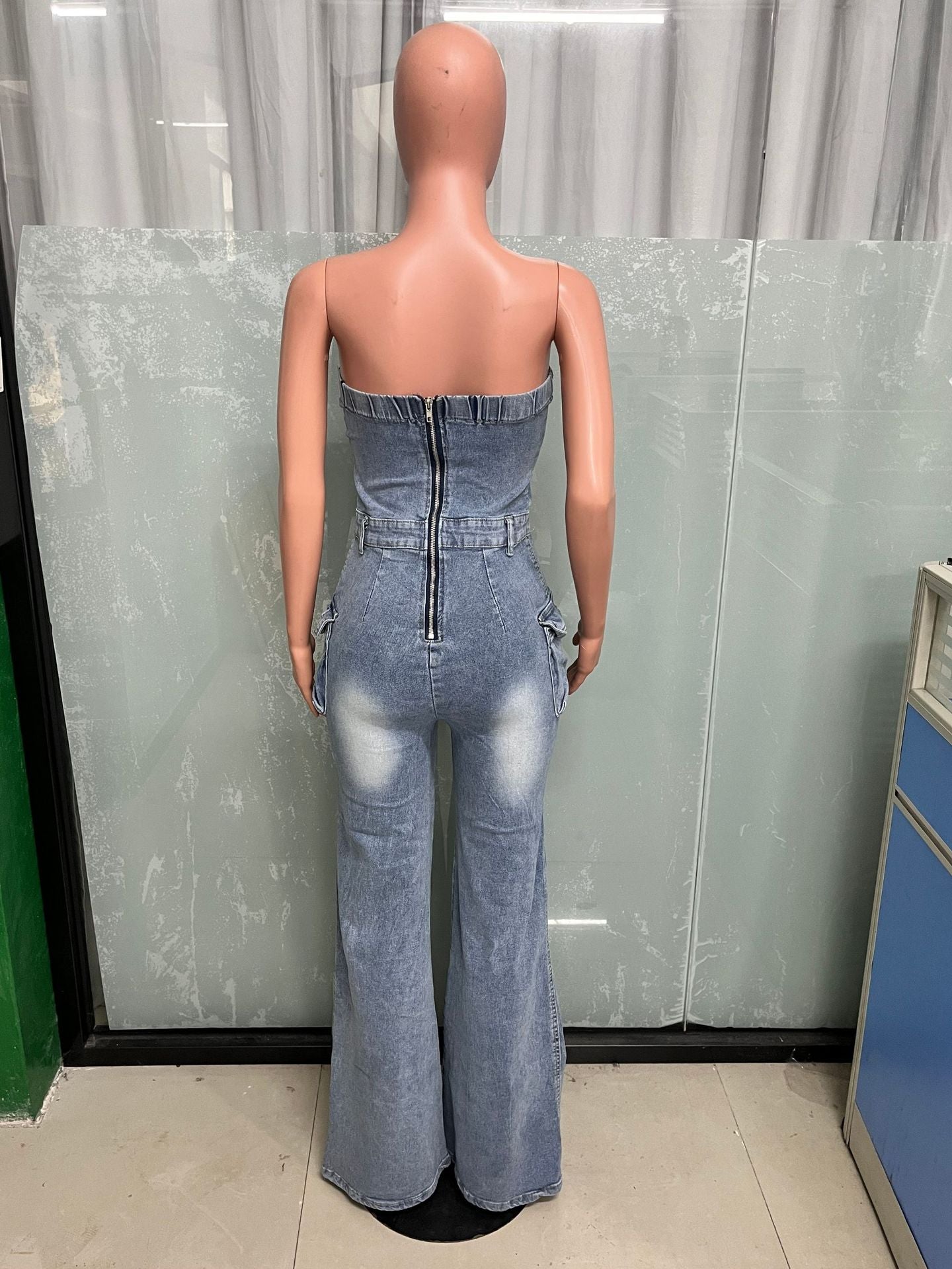 Women Casual Strapless Cargo Denim Jumpsuit 9