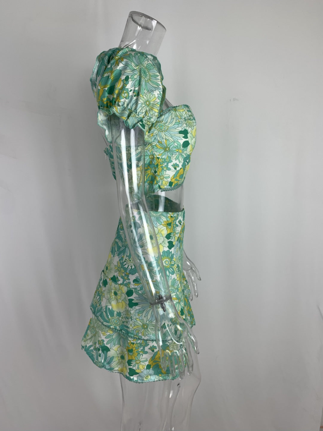 Women Sexy Printed Puff Sleeve Top and Skirt Casual Two-piece Set 8