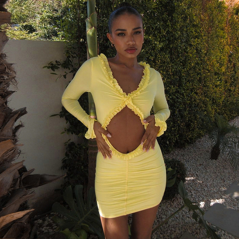 Women Autumn Solid Hollow Lace Bodycon Dress 3