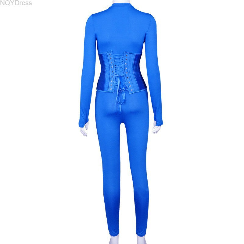 Women's Autumn Solid Color Corset Zipper Tight Fitting Casual Jumpsuit Two Piece Set 35