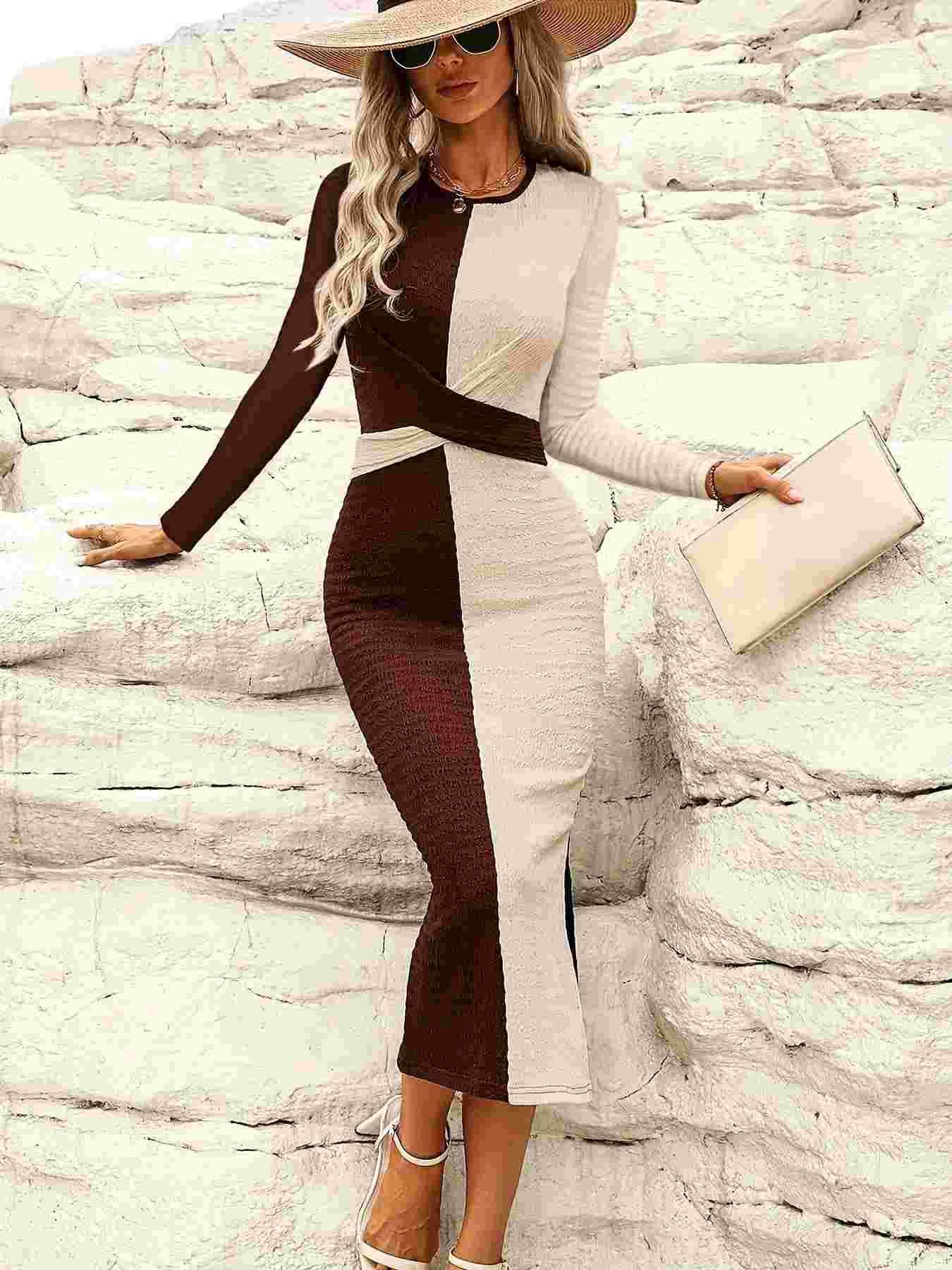 Women Crepe Knitting Stretchy Contrast Patchwork Lace-Up Bowknot Slit Long Sleeve Dress 3