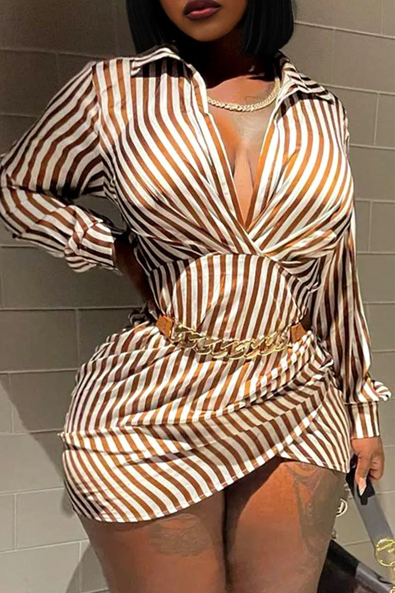 Plus Size Women Sexy Striped Shirt Dress 4