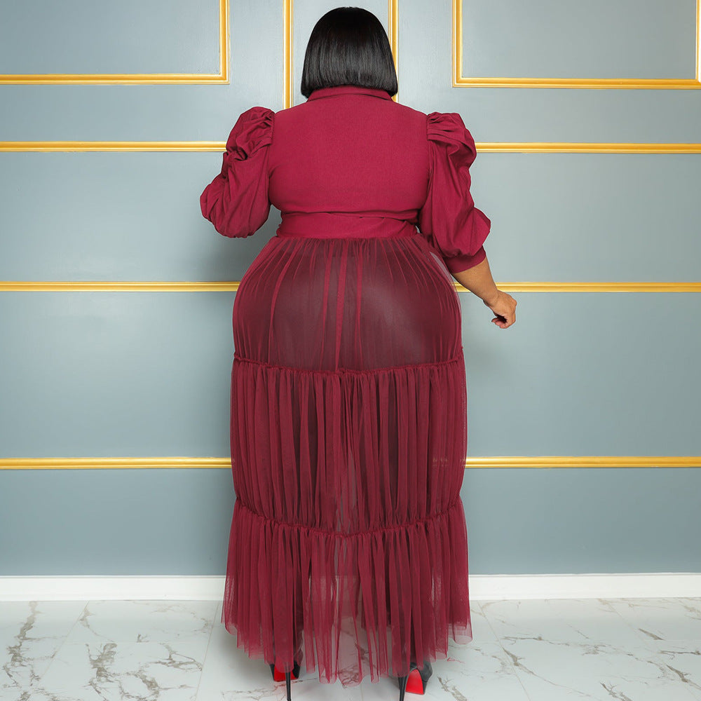 See-Through Mesh Cake Dress Plus Size Belted Breathable Short Sleeve Dress 5