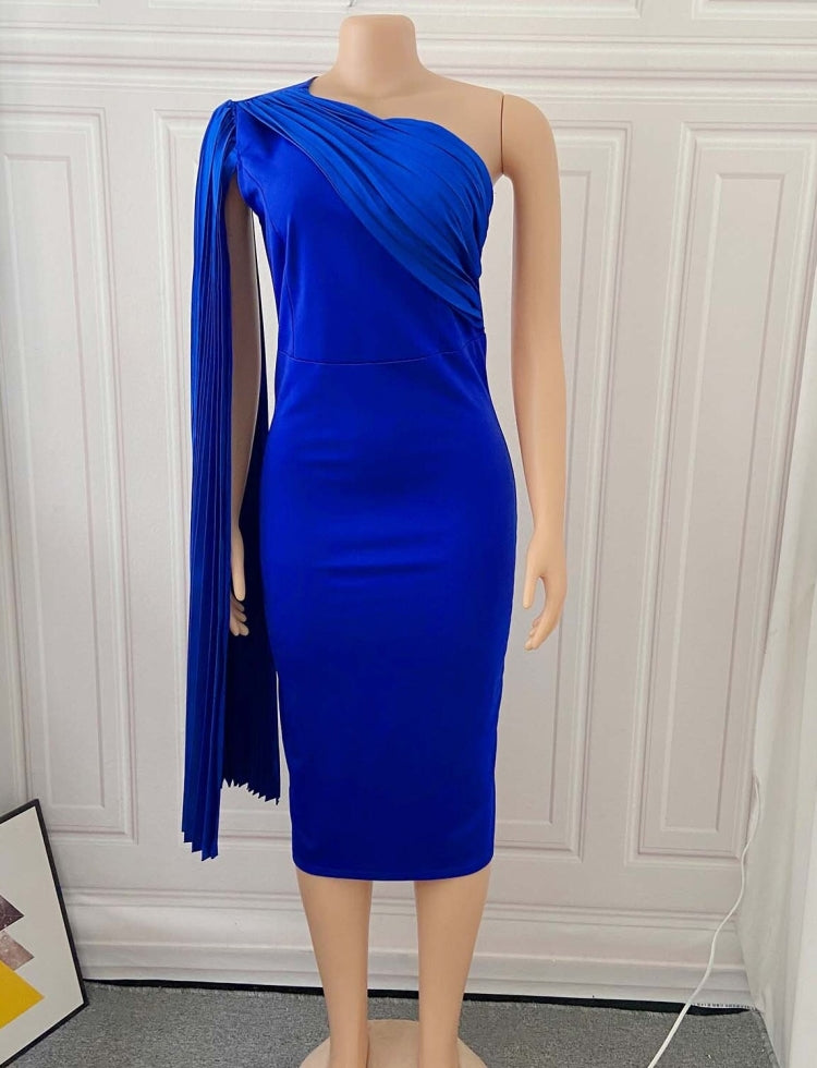 Spring African Elegant Blue Sloping Shoulder With Cape Sleeve Midi Dress 4