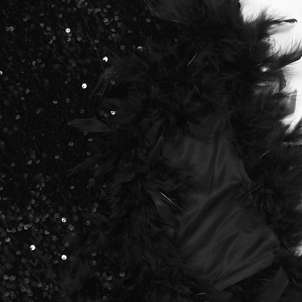 Fashion Slash Shoulder Feather Sequin Slit Club Dress 17