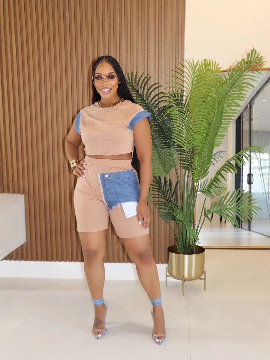 Women's Casual Denim Patchwork Short Sleeve Top Shorts Two-piece Set
