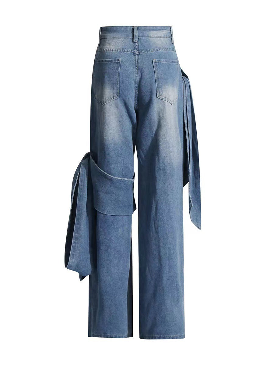Lace-Up Pocket Wide Leg Straight Washed Denim Pants 9
