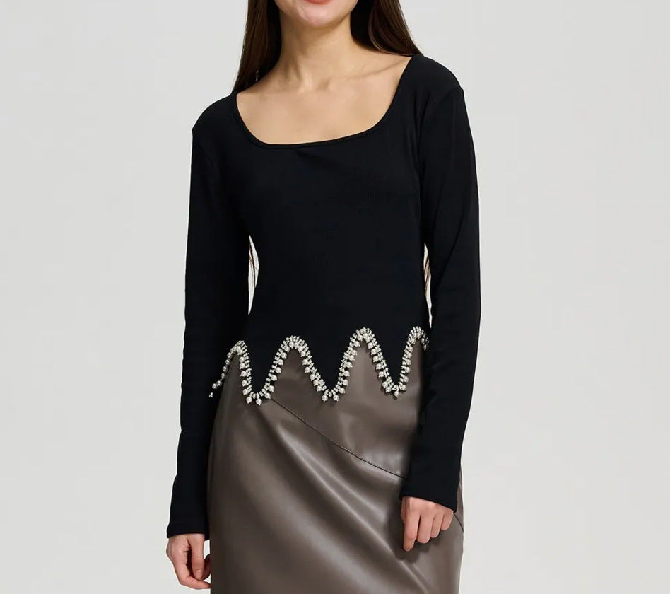 Solid Color Knitting Ribbed Long Sleeve Irregular Knitting Top