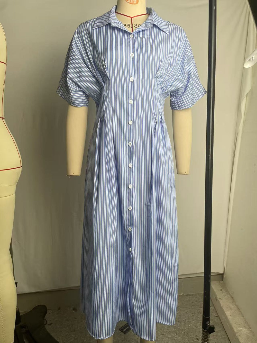 Women Striped Blue Short-Sleeved Shirt Dress 8