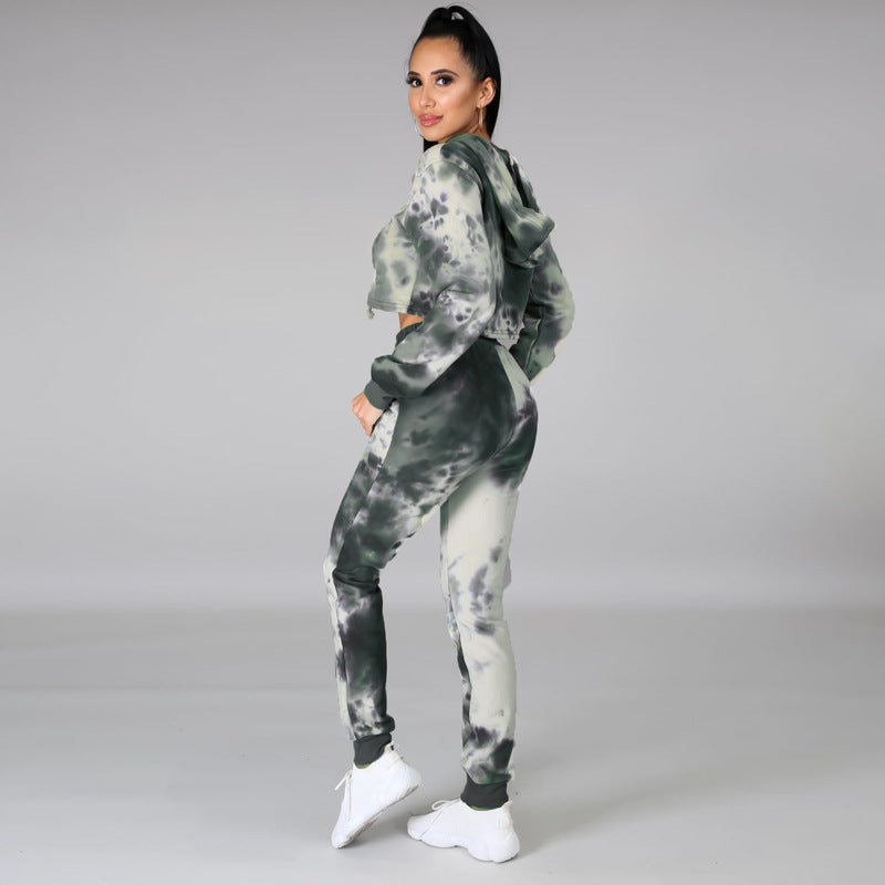 Tie Dye Hooded Sports Long Sleeve Loose Hoodies Pants Two Piece Set 5