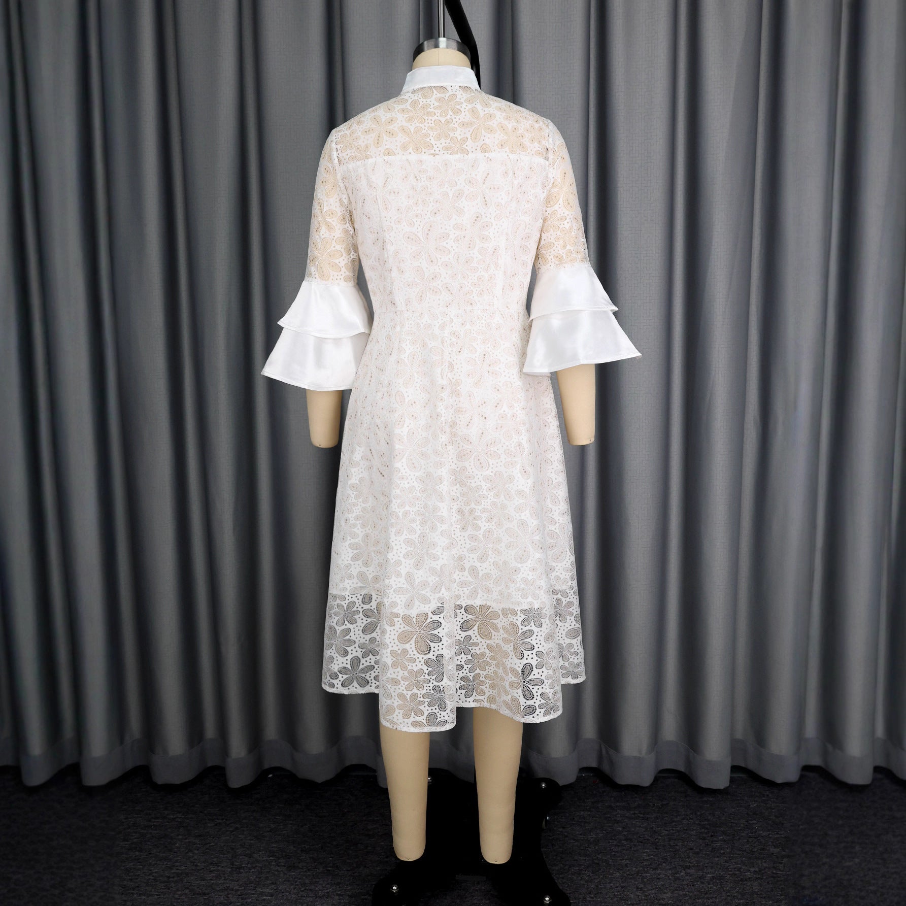 Lace Stand Collar Single Row Buttons See-Through A-Line Midi Dress Bell Bottom Sleeve Slim Waist Elegant Party Dress 5