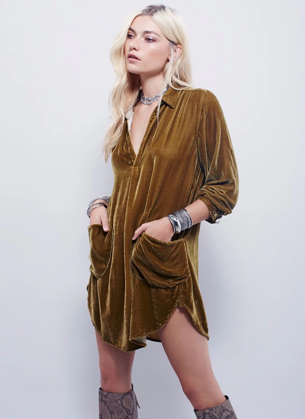 Autumn jacket women's V-neck loose long-sleeved velvet shirt dress 3