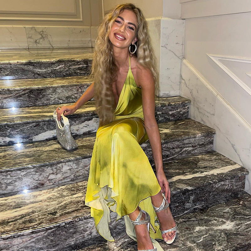 Women's Autumn Chic Style Halter Neck Deep V Print Long Dress 4