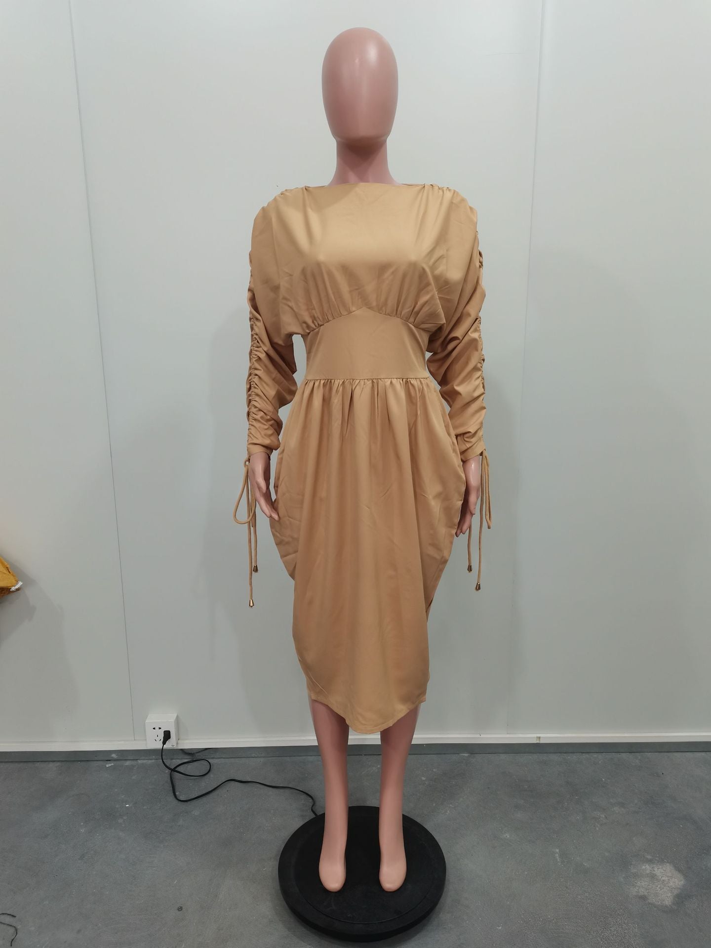 Women's Drawstring Long Sleeves Solid Color Pleated Dress 11