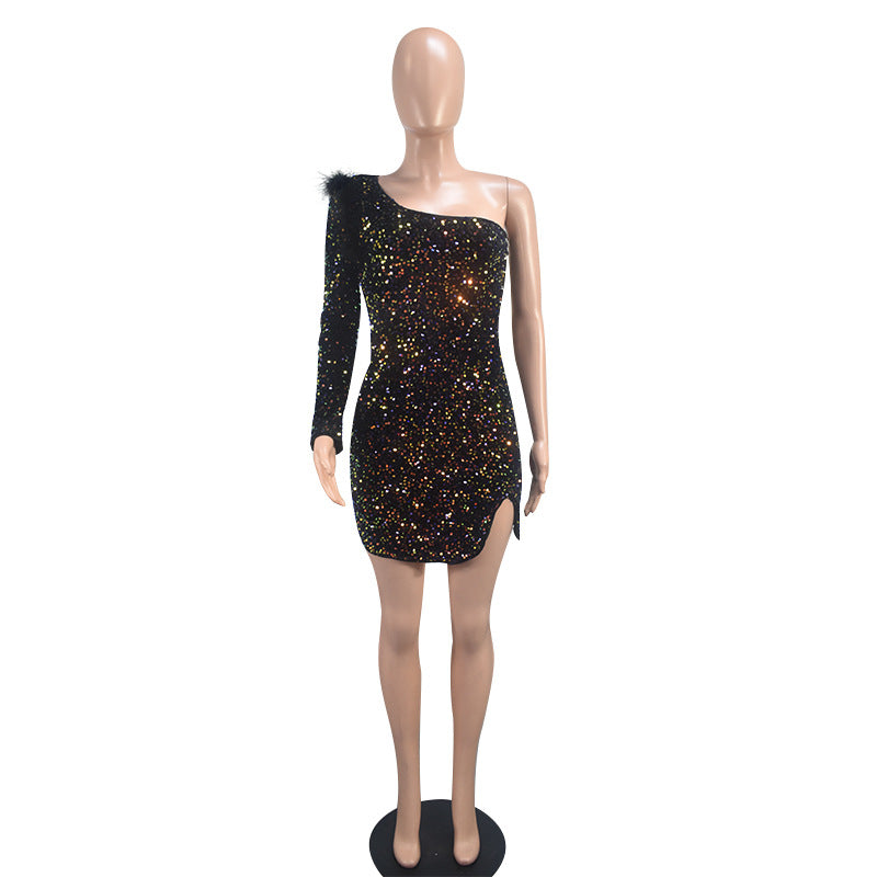 Women's Fashionable Sexy Slim One Shoulder Sequined Evening Dress 20