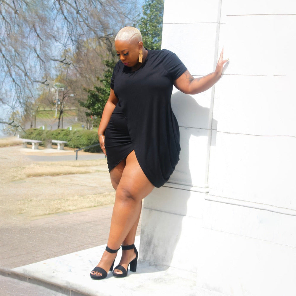 Plus Size Women Solid Color Irregular Short Sleeve Dress 4