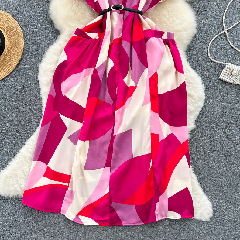 Women Vintage V-Neck Print Summer French Lace-Up Maxi Shirt Dress 16