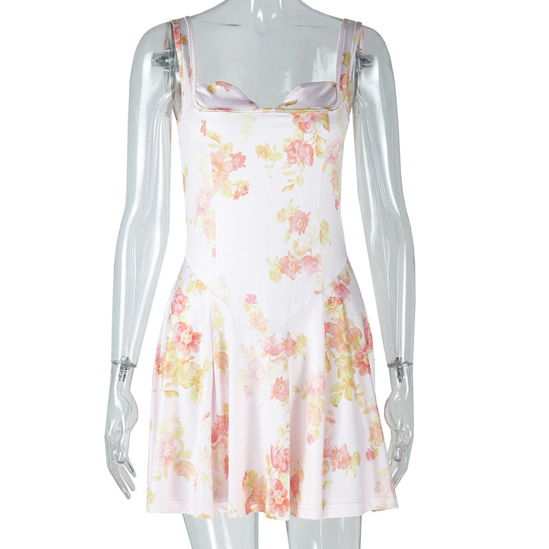 Sexy Sweet Women's Low Back Printed Trendy Strap Slim Waist A-line Short Dress 6