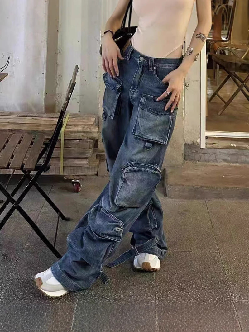 American Multi-Pocket Denim Cargo Pants Female Autumn And Winter Street Washed Wide Leg Trend Trousers 5