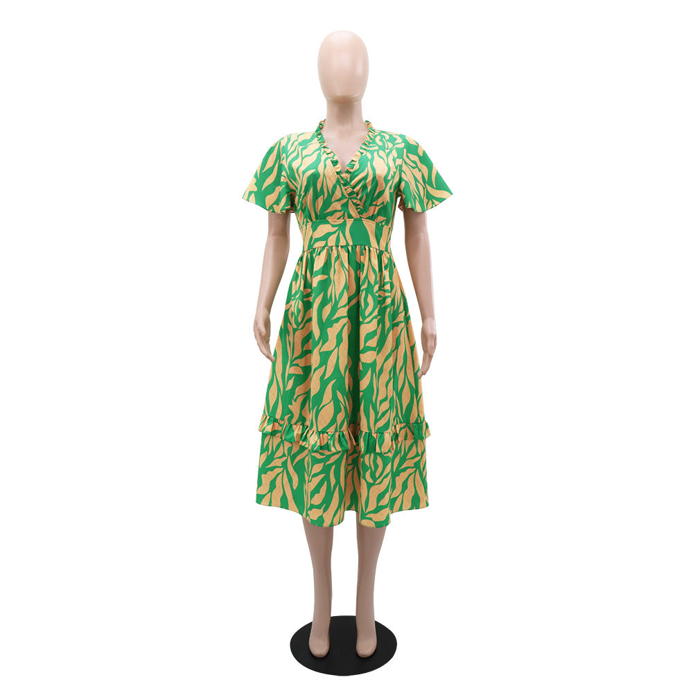 Women Ruffle V Neck Short Sleeve Slim Waist Chic Midi Dress 3