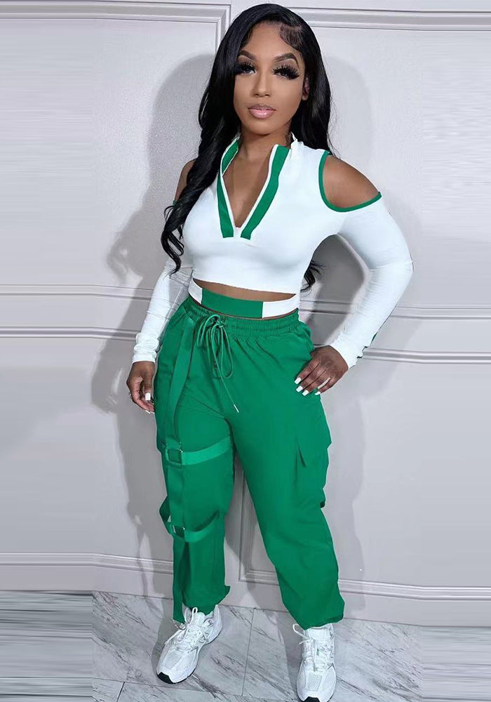 Fashionable Color Contrast Cutout Long Sleeve Two Piece Pants Set