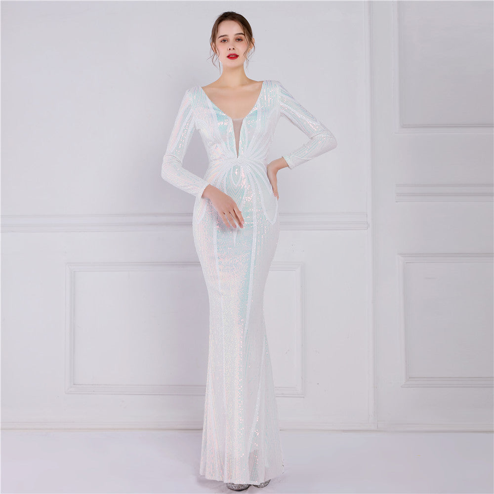 Women Elegant Long Sleeve Sequins Mermaid Dress Evening Dress 12