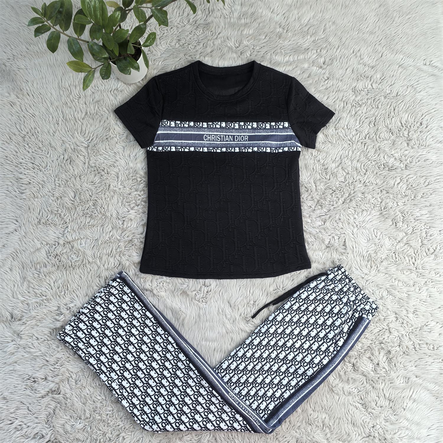 Women  Summer Casual Jacquard Short Sleeve T-shirt And Lace Jacquard Wide Leg Pants Two Piece Set 5