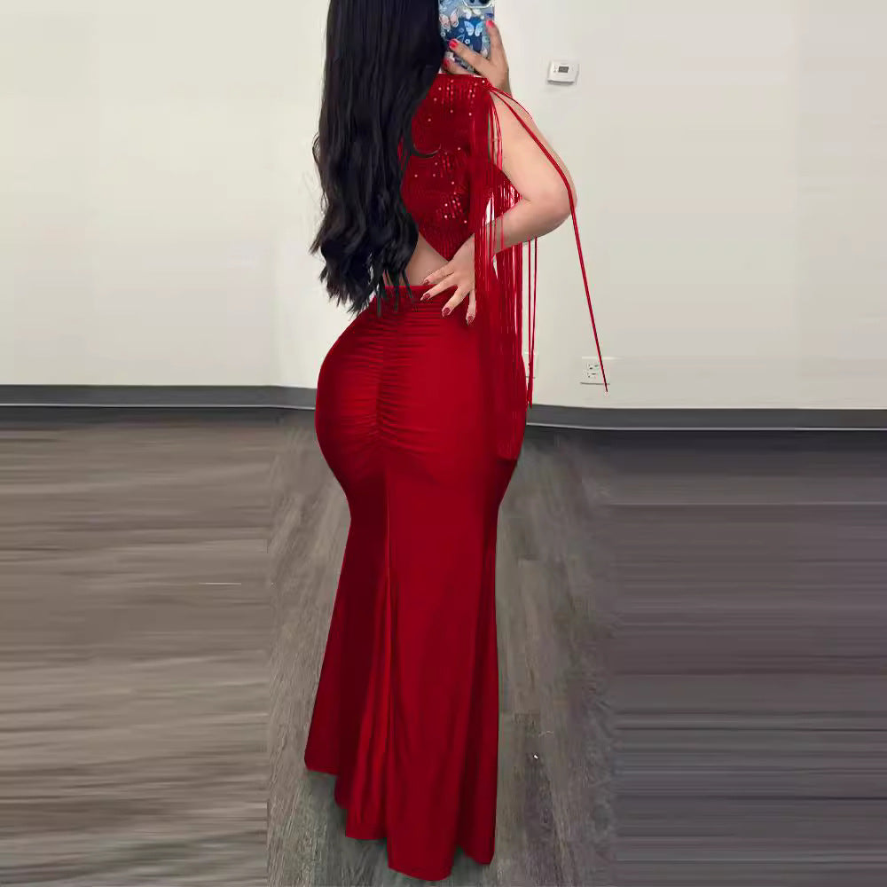 Women Sequin Round Neck Split Tassel Pleated Bodycon Sexy Dress 5