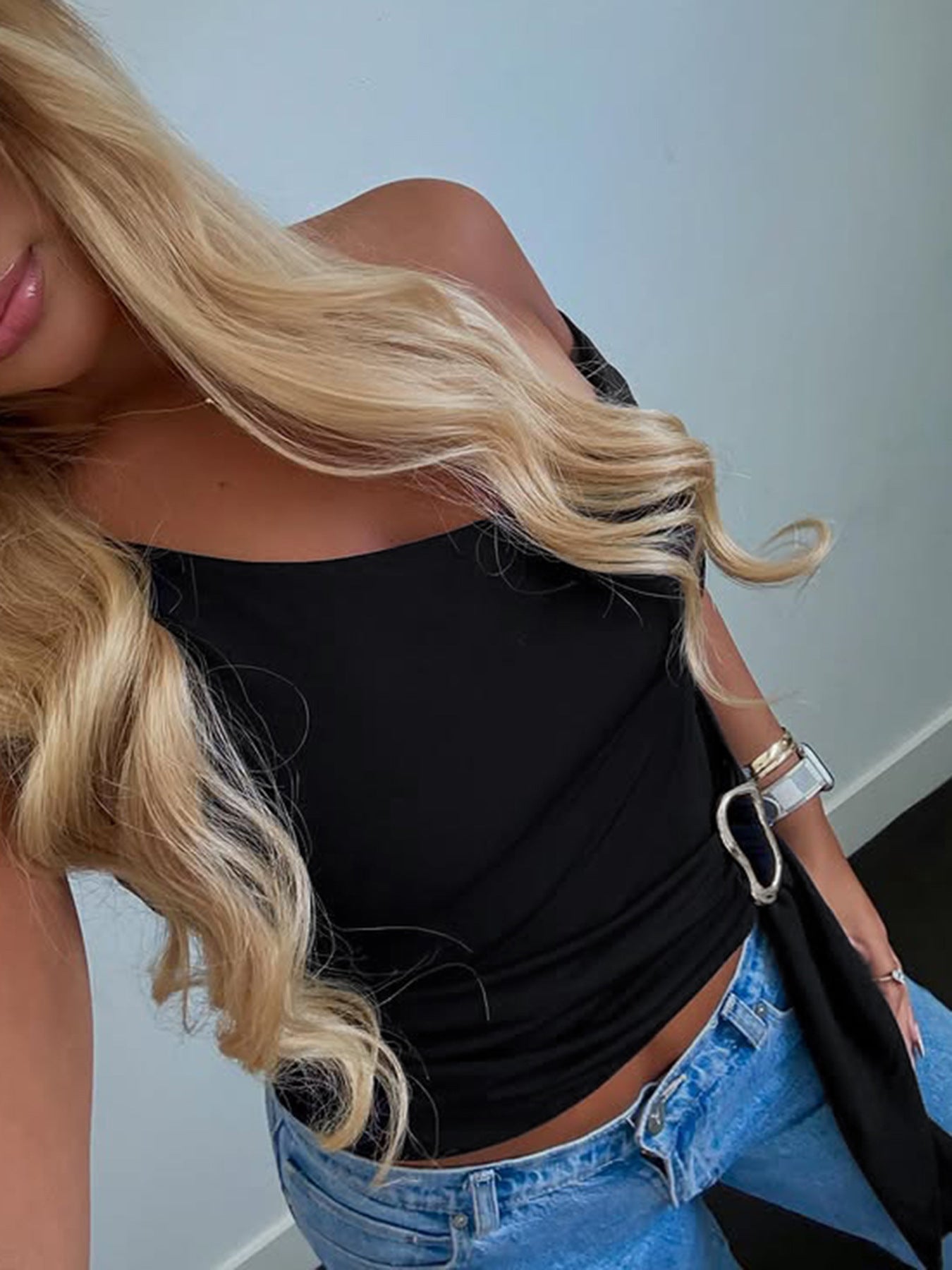 Women American asymmetrical off-shoulder metal button streamer Tank Top 3