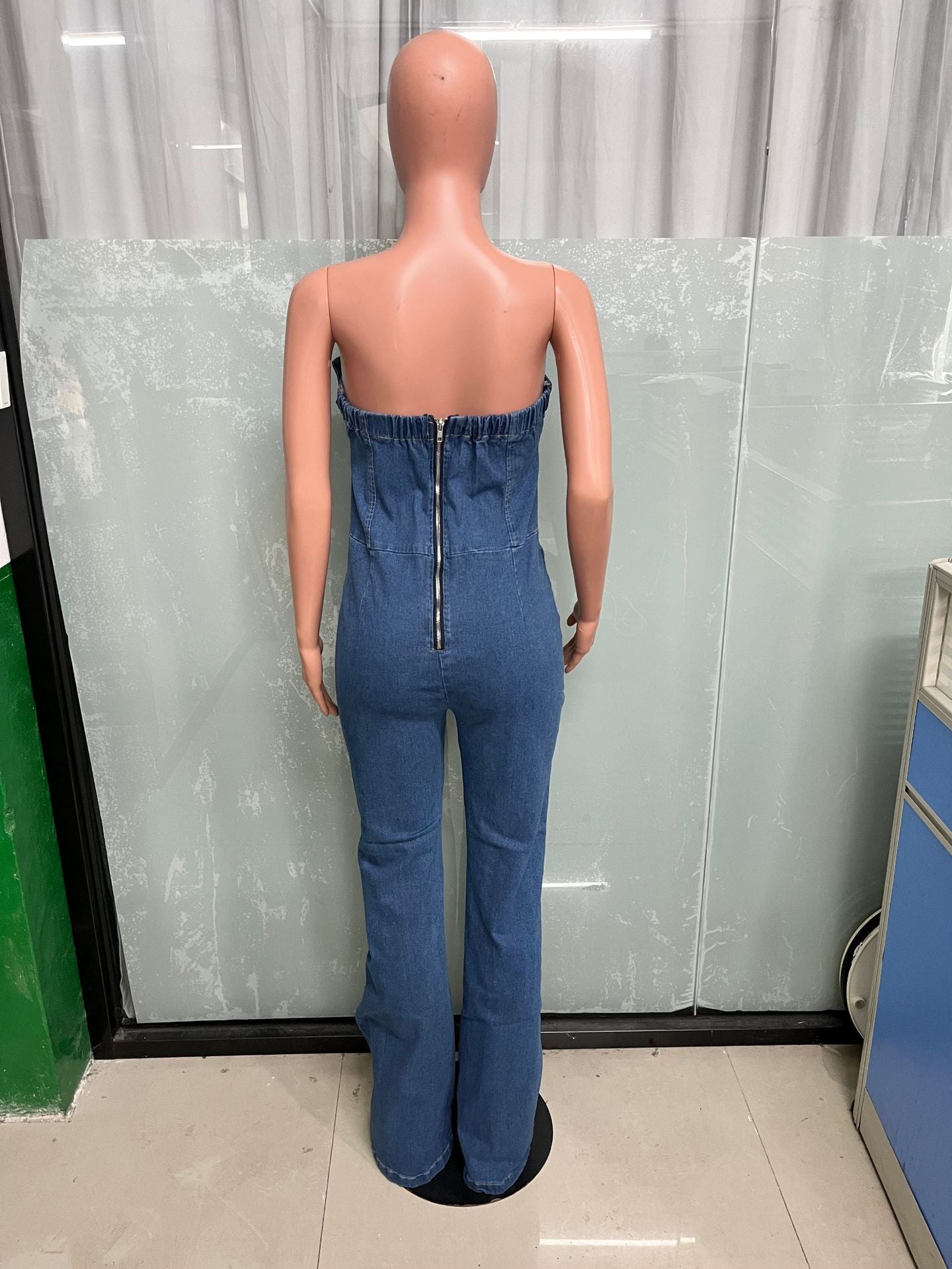 Women Casual Sexy Strapless Backless Adjustable Strap Denim Jumpsuit 9