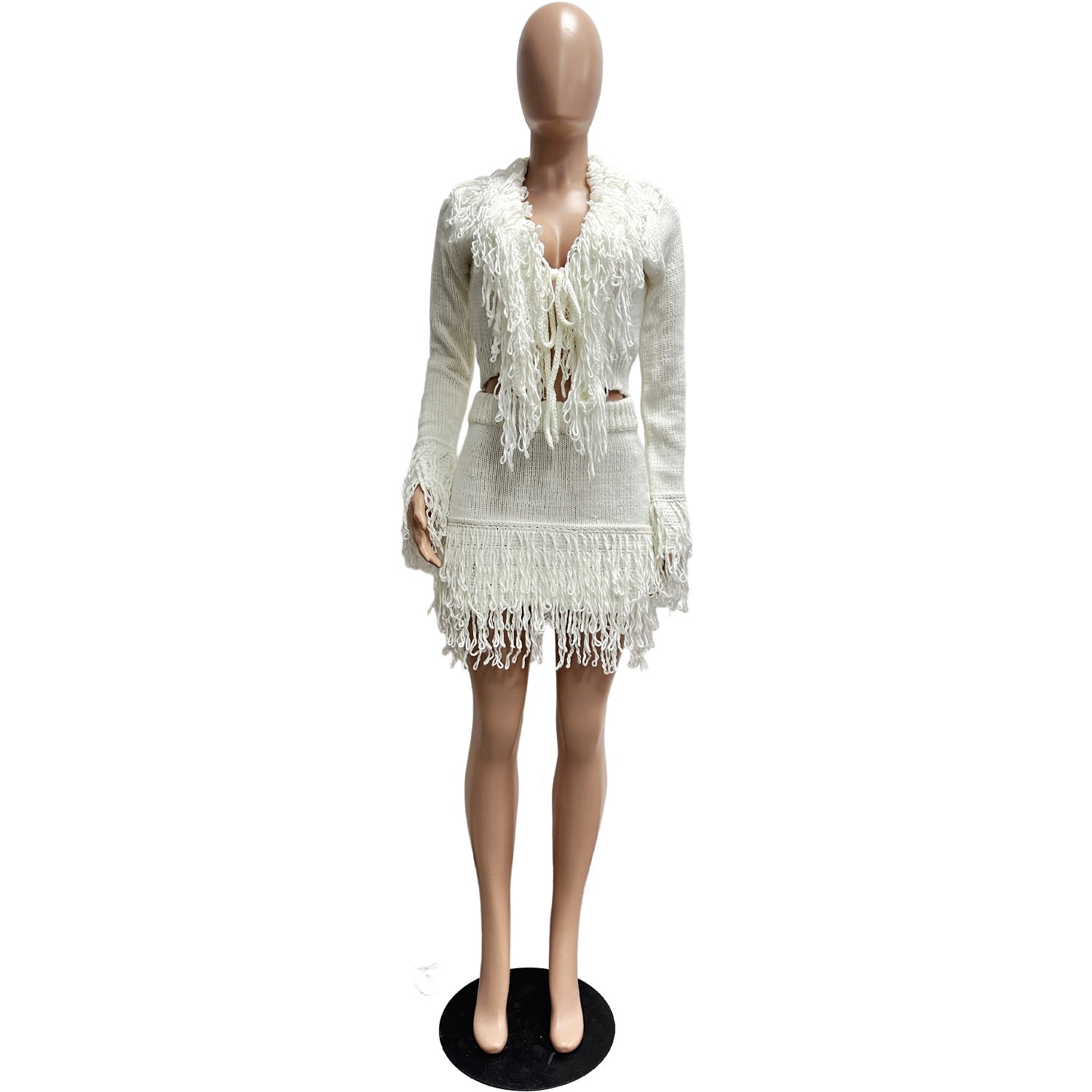 Autumn & Winter Knitted Crochet Fringe Lace-Up Long Sleeve Bodycon Skirt Set 11