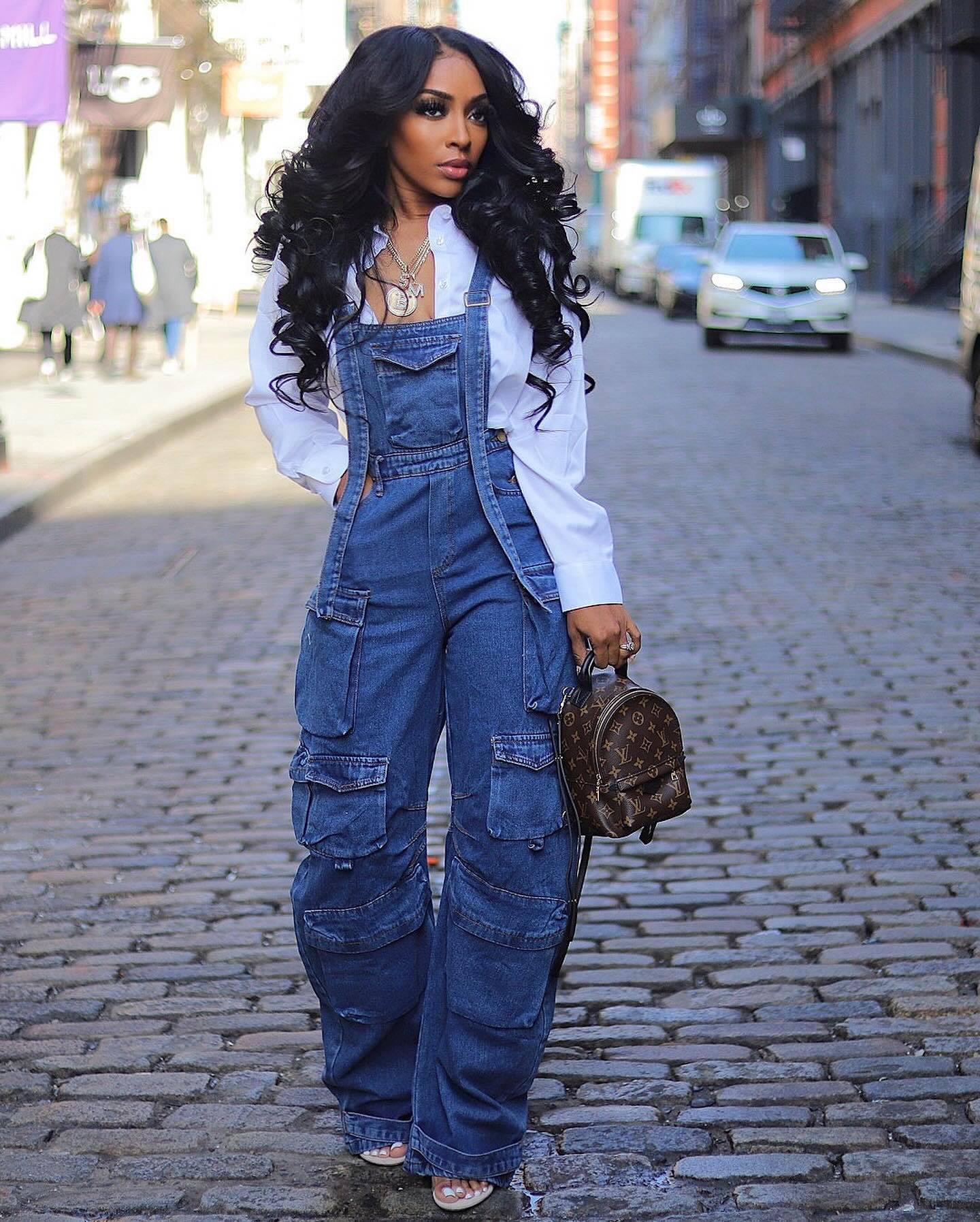 Women style washed Denim loose cargo overalls