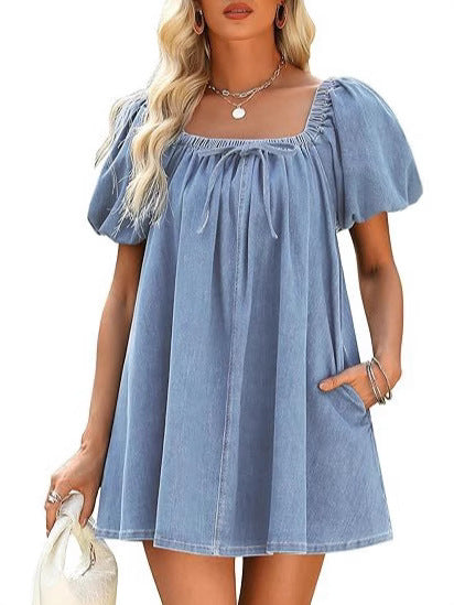 Summer Women's Square Neck Puff Sleeve Denim Short Dress 9