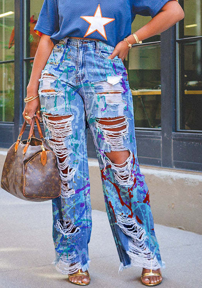 Summer Graffiti Print Ripped Straight-Leg Denim Pants