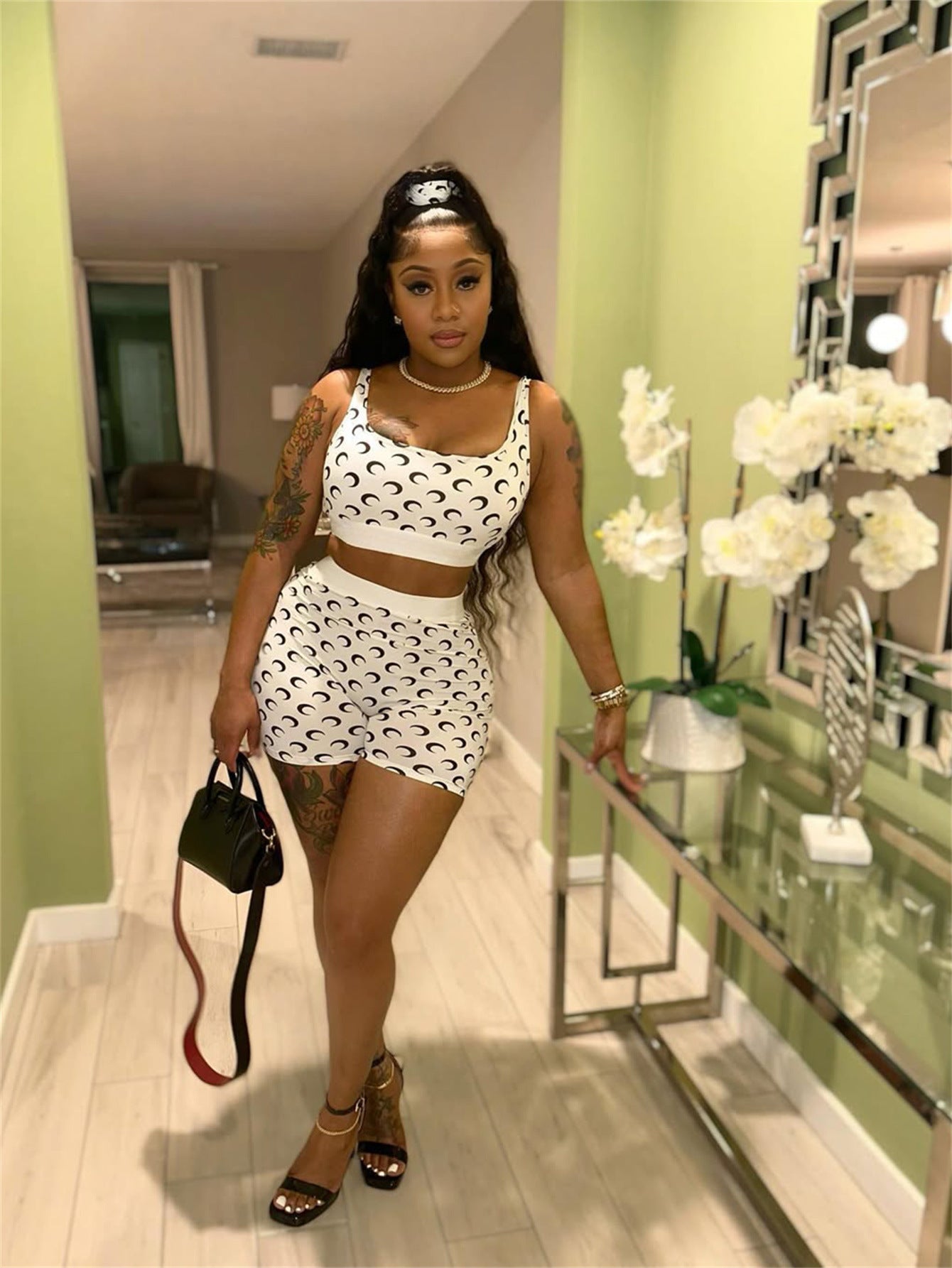 Fashion Printed Tight slim Long Sleeve Two Piece Shorts Set 7