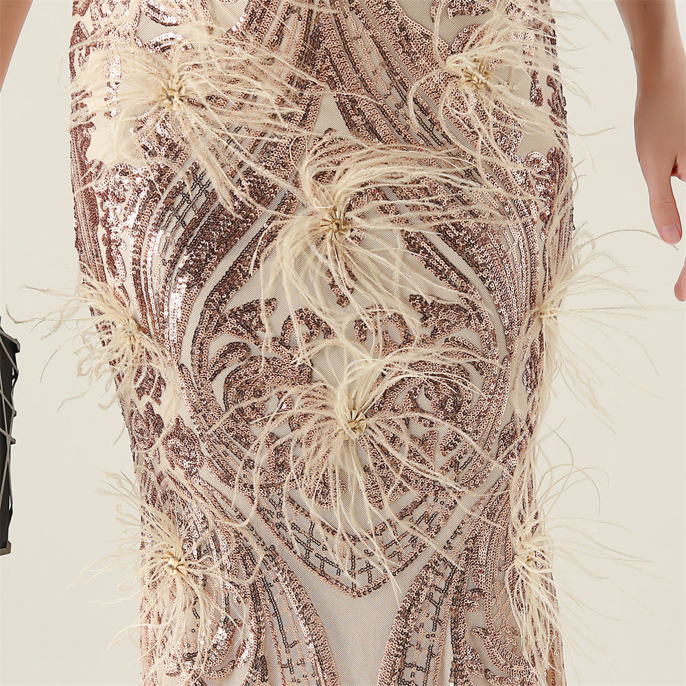 Women Beaded Feather Decoration Beaded Fishtail Evening Dress 35