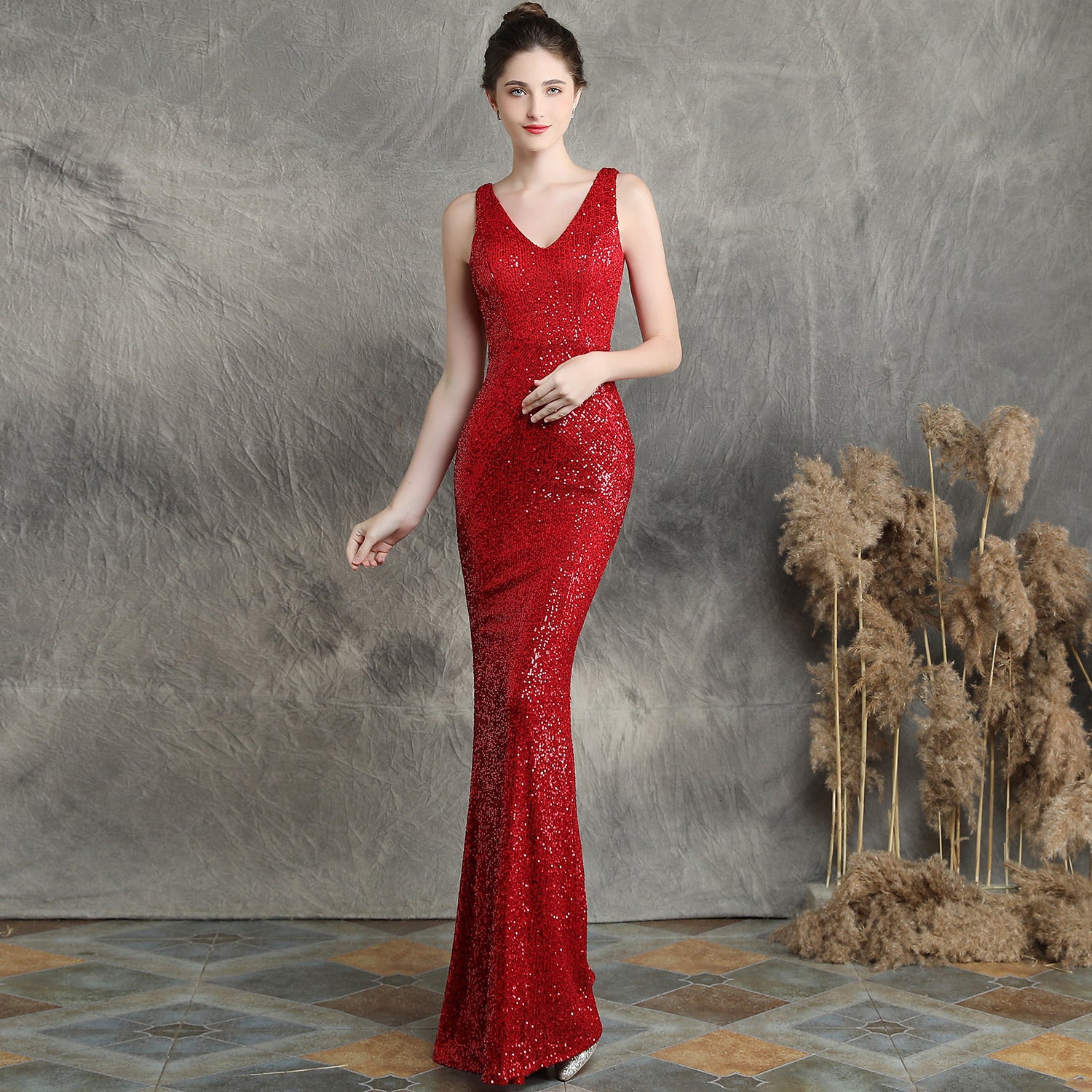 Women Elegant Sequined Slim Formal Party Maxi Mermaid Evening Dress 13
