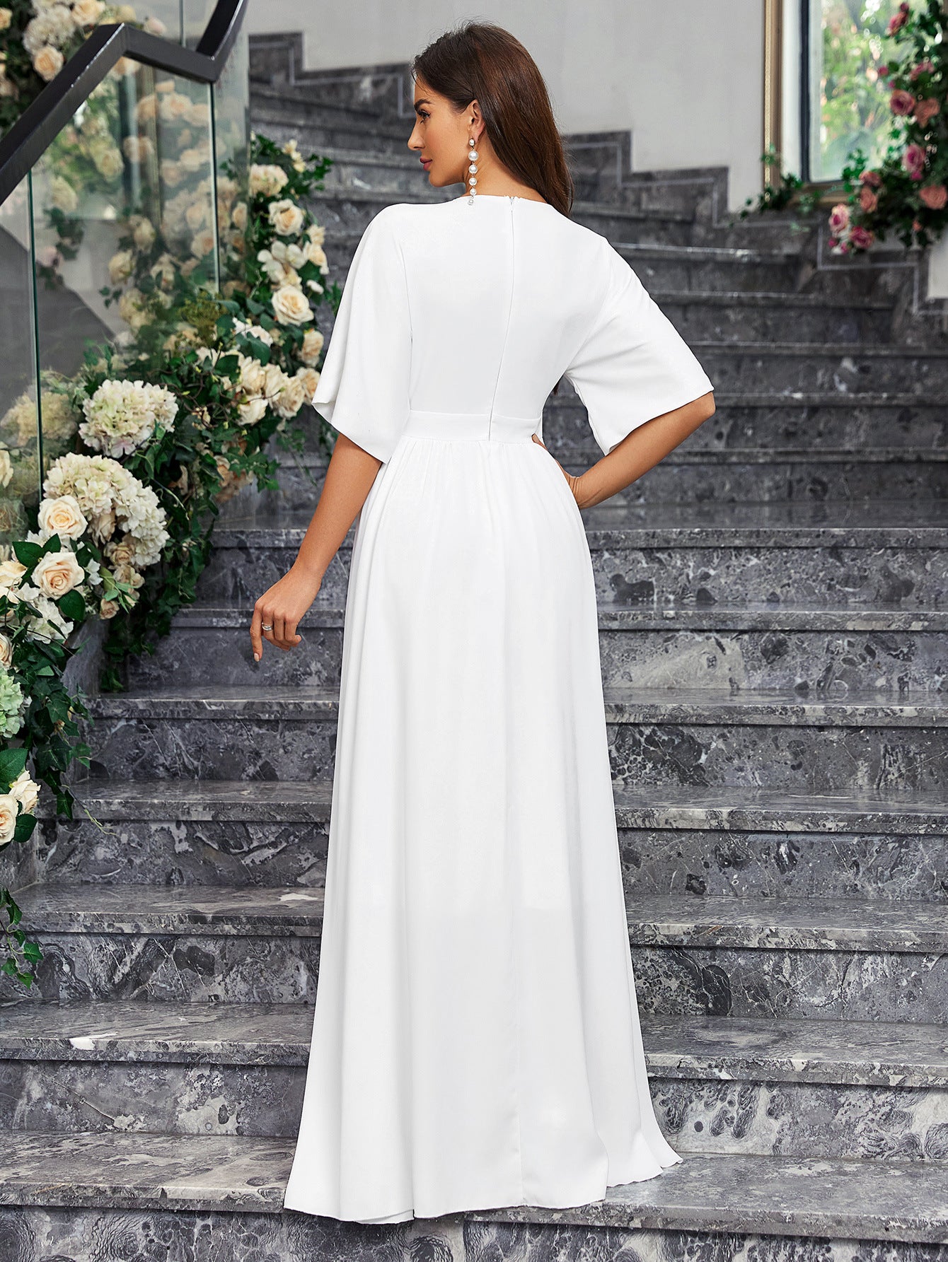 Elegant White V-Neck Slit Half-Sleeve Bow Tie Spring And Summer Women's Dress 3