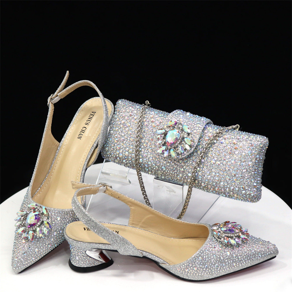 Ladies' Shoe And Bag Set Combination Low-Heeled Pointed-Toe Heeled Sandals With Square Diamond Bags 15