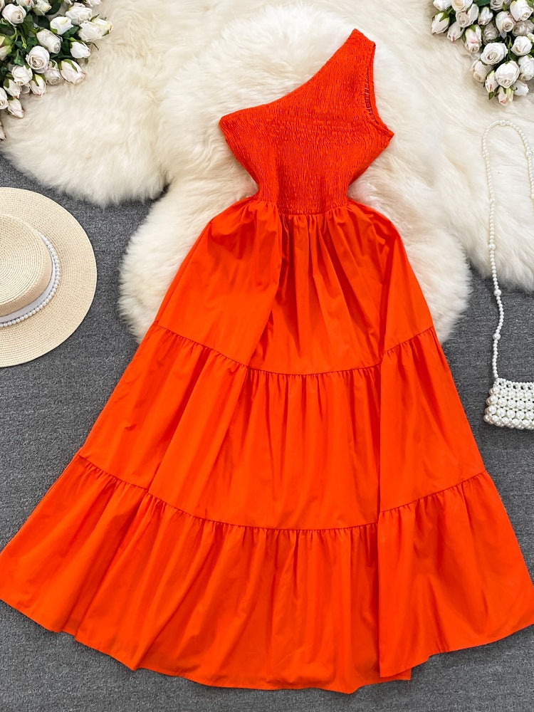 Retro Chic Sleeveless Slash Shoulder Slim Waist Slim Fit Beach Holidays A-Line Long Dress 15