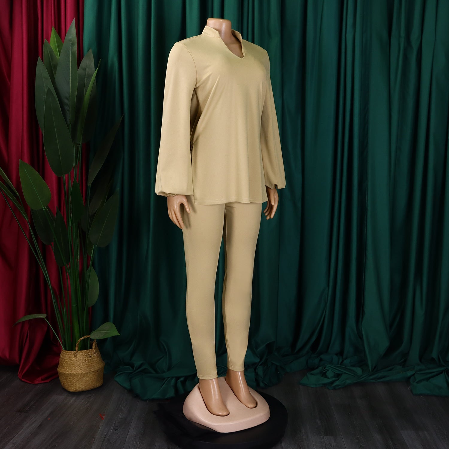 Women's Fall Winter Fashion Solid Color Plus Size V Neck Long Sleeve Top Pants African Suit 11
