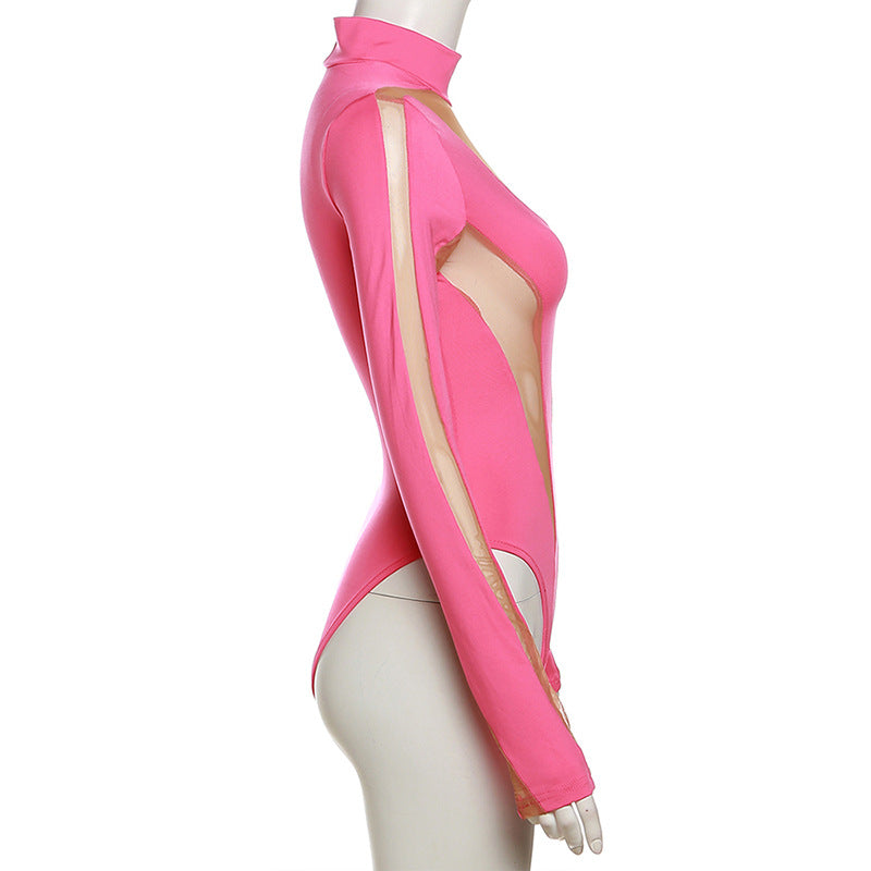 Summer Women Sexy Casual Mesh Patchwork High Waist Long Sleeve Bodysuit 16