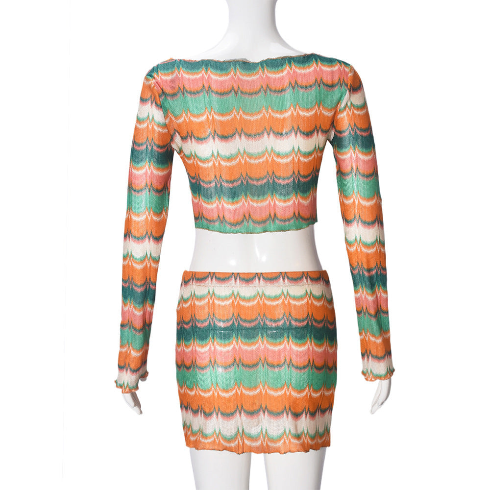 Women's Autumn Winter Sexy Crop Top Yarn-Dyed Multi-Color Skirt Set 10