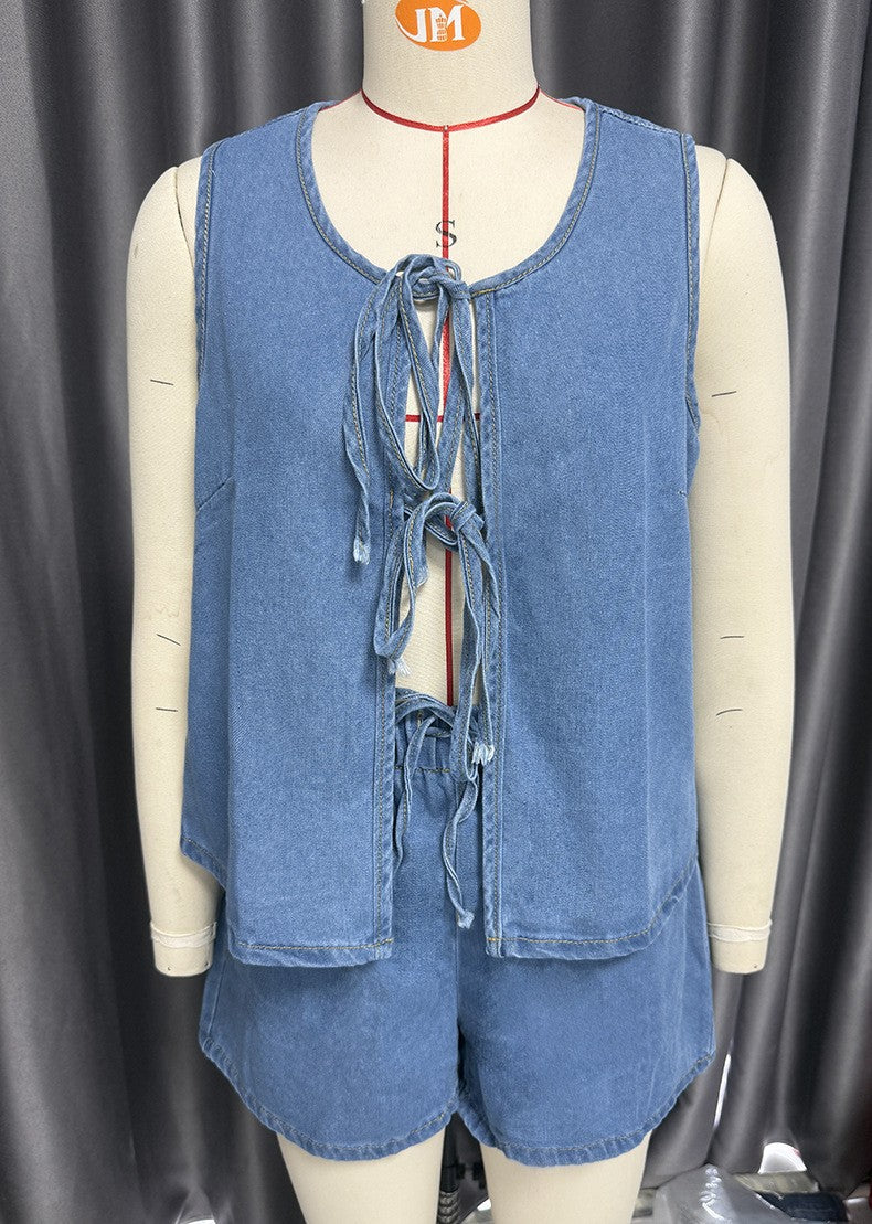 Women summer sleeveless lace top and denim shorts two-piece suit 19