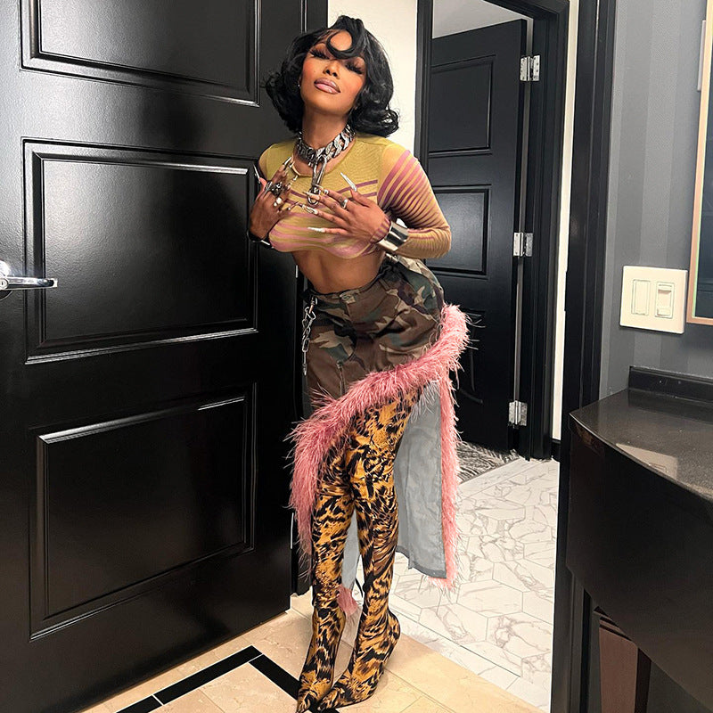 Women camouflage pink fur patchwork bevel irregular skirt 4